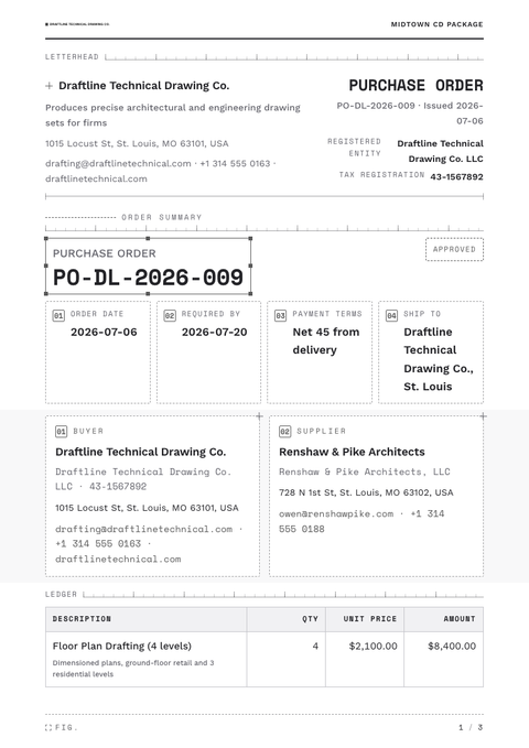A finished purchase order rendered in a technical look