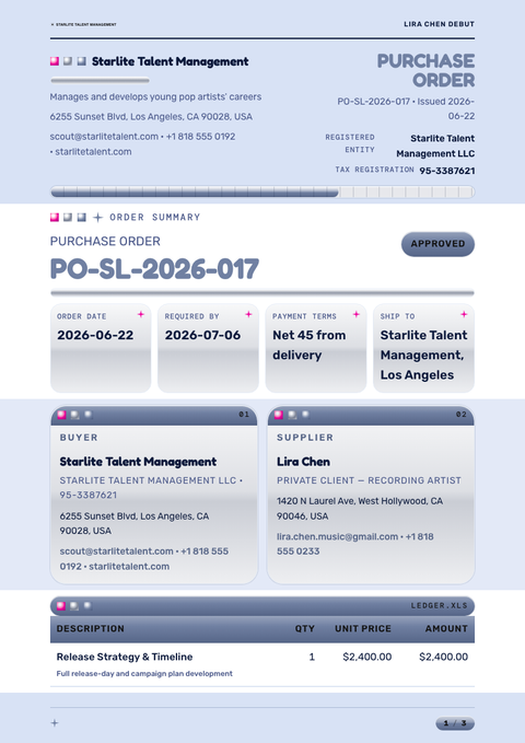 A finished purchase order rendered in a retro look