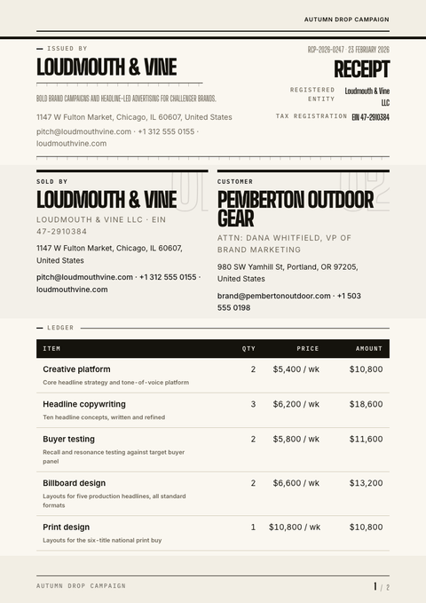 A finished receipt rendered in a typographic look