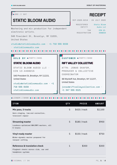 A finished receipt rendered in a brutalist look