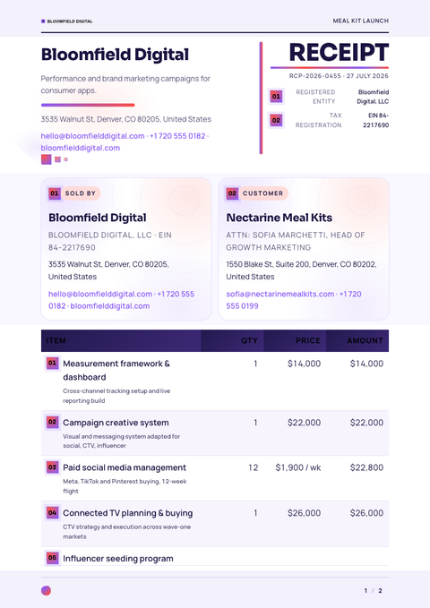 A finished receipt rendered in a gradient look