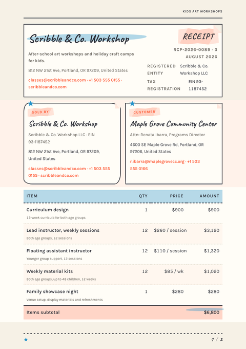 A finished receipt rendered in a illustrated look