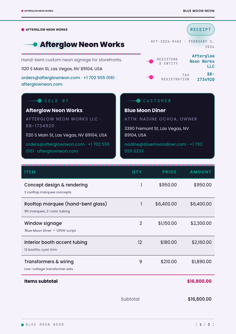 A finished receipt rendered in a futuristic look