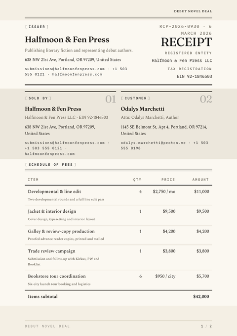 A finished receipt rendered in a typographic look