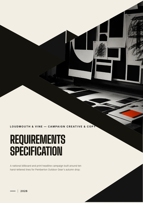 A finished requirements document rendered in a typographic look