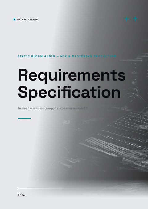 A finished requirements document rendered in a brutalist look