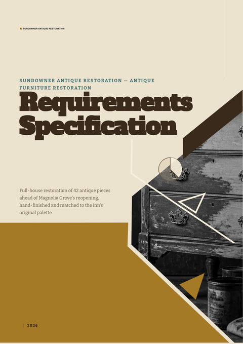 A finished requirements document rendered in a retro look