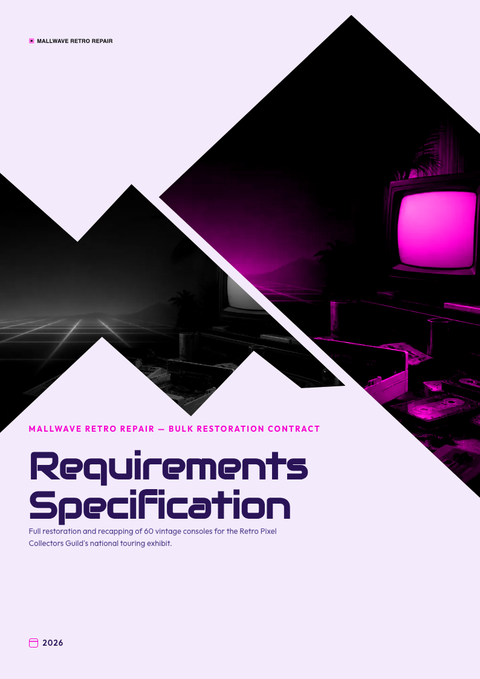 A finished requirements document rendered in a retro look